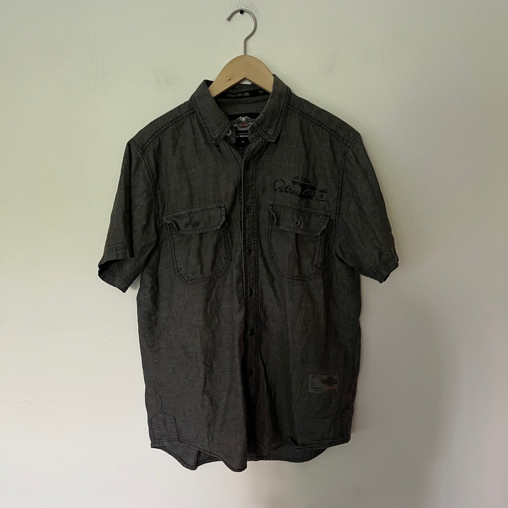 Harley-Davidson Mens Medium Charcoal Gray Embroidered Short Sleeve Button Down